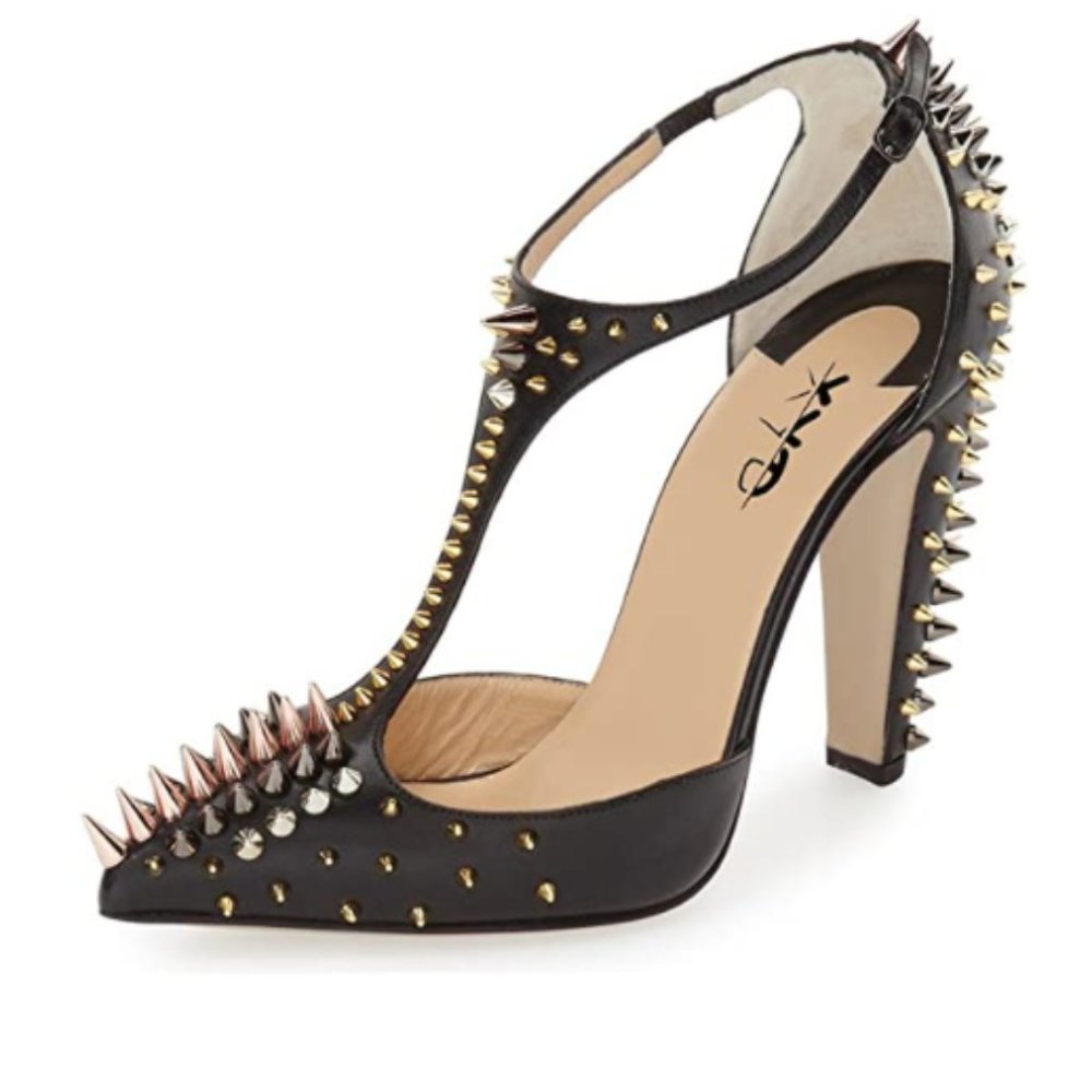 XYD Pointed Toe T-Strap Chunky High Heel Sandals